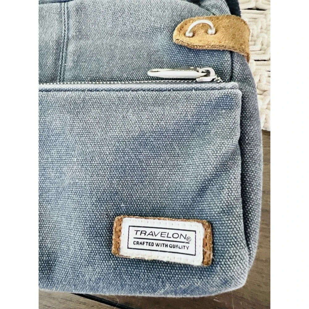 Travelon Anti Theft Heritage Small Crossbody Bag Indigo Blue Denim Canvas RFID